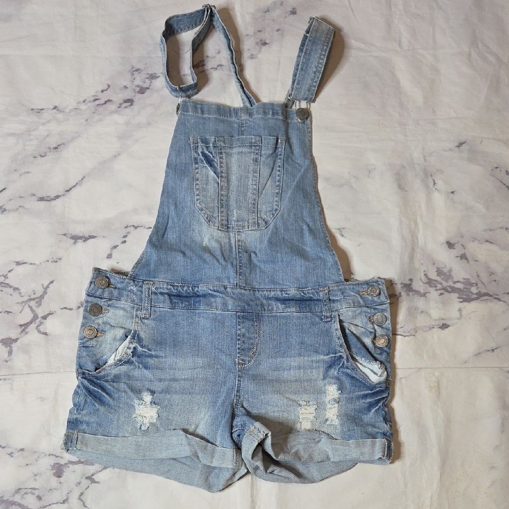 Wallflower Distressed Light Blue Denim Overall Shorts